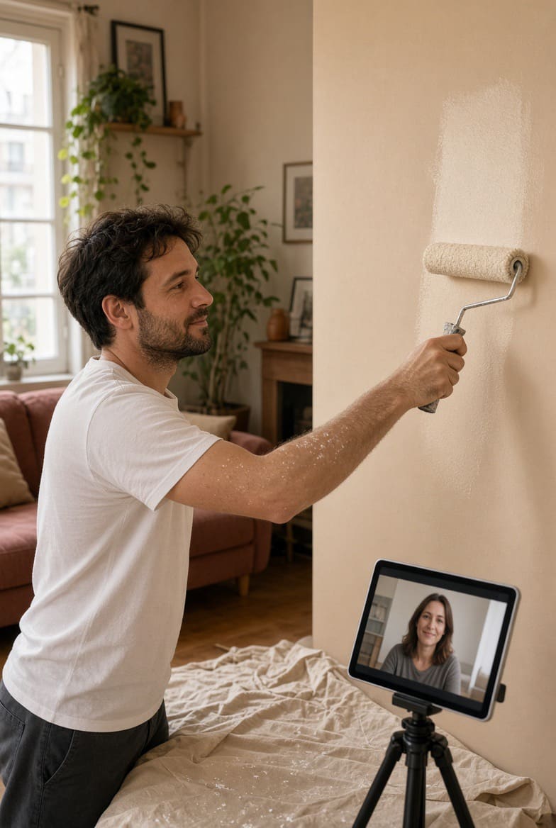 Un homme peint un mur au rouleau pendant qu’une professionnelle le guide en visio depuis une tablette posée sur un trépied