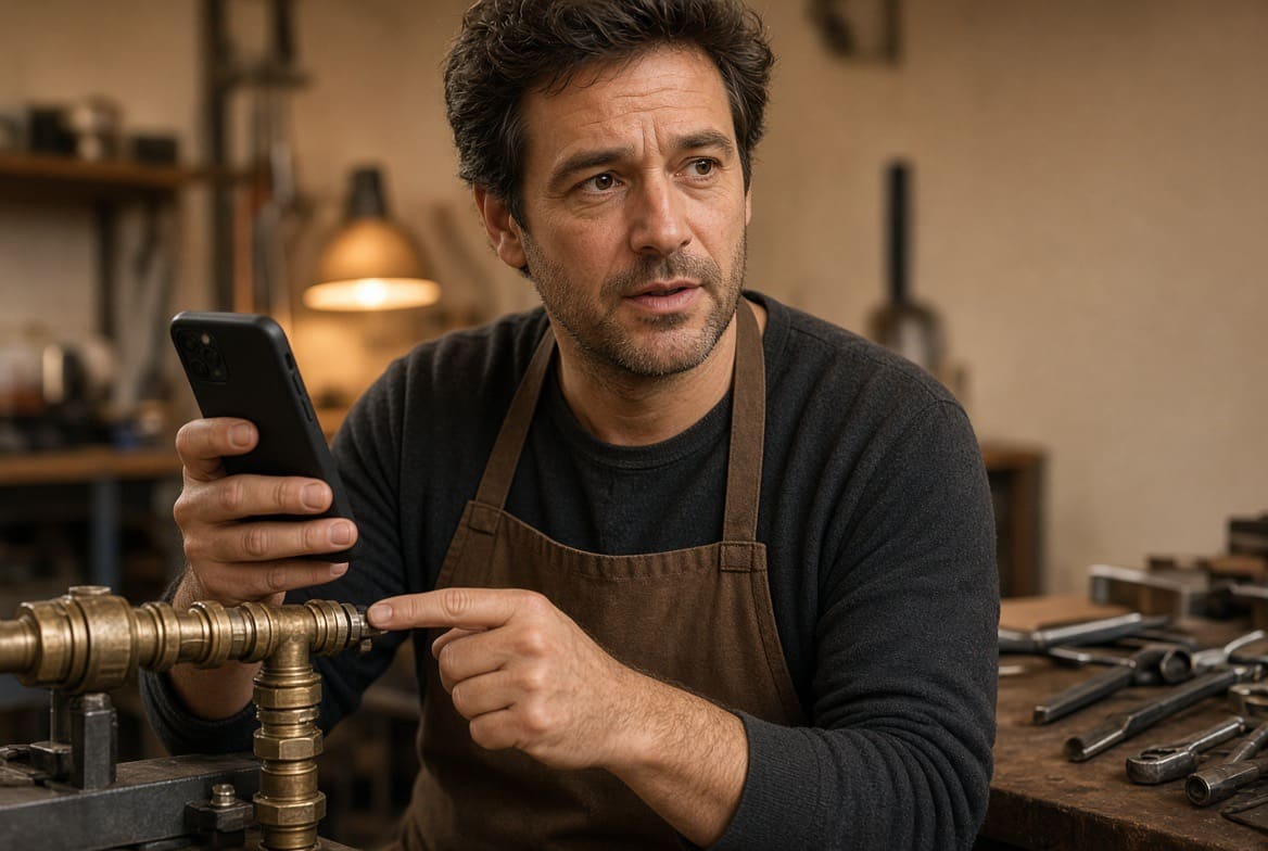 Un professionnel, téléphone en main, désigne un raccord en laiton dans son atelier